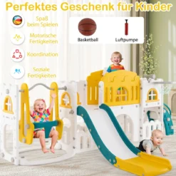 Kinder Rutsche mit Klettergerüst & Schaukel Rutschenset mit Schaukel Grün + Gelb
