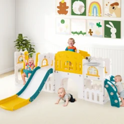 Kinder Rutsche mit Klettergerüst & Schaukel Rutschenset mit Schaukel Grün + Gelb