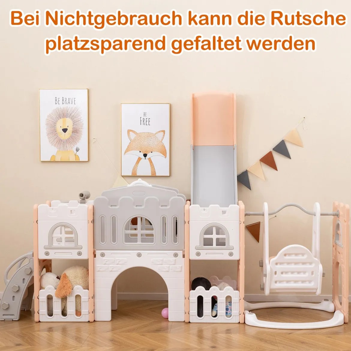 Kinder Rutsche mit Klettergerüst & Schaukel Rutschenset mit Schaukel Basketballkorb Teleskop Lenkrad Grau + Rosa