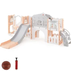 Kinder Rutsche mit Klettergerüst & Schaukel Rutschenset mit Schaukel Basketballkorb Teleskop Lenkrad Grau + Rosa