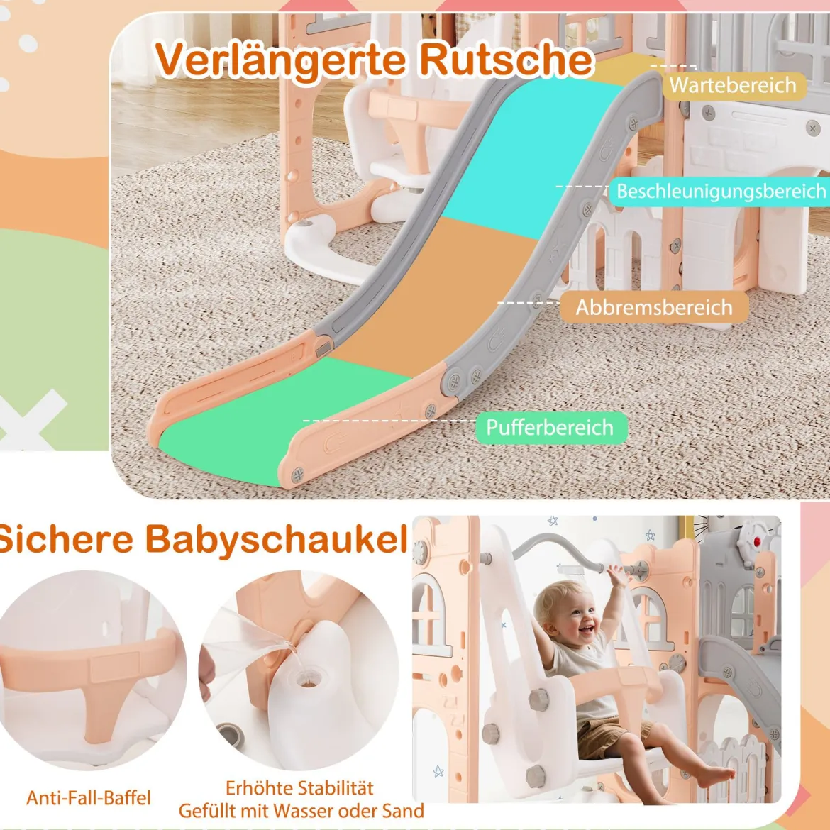 Kinder Rutsche mit Klettergerüst & Schaukel Rutschenset mit Schaukel Basketballkorb Teleskop Lenkrad Grau + Rosa