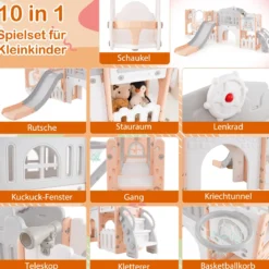 Kinder Rutsche mit Klettergerüst & Schaukel Rutschenset mit Schaukel Basketballkorb Teleskop Lenkrad Grau + Rosa