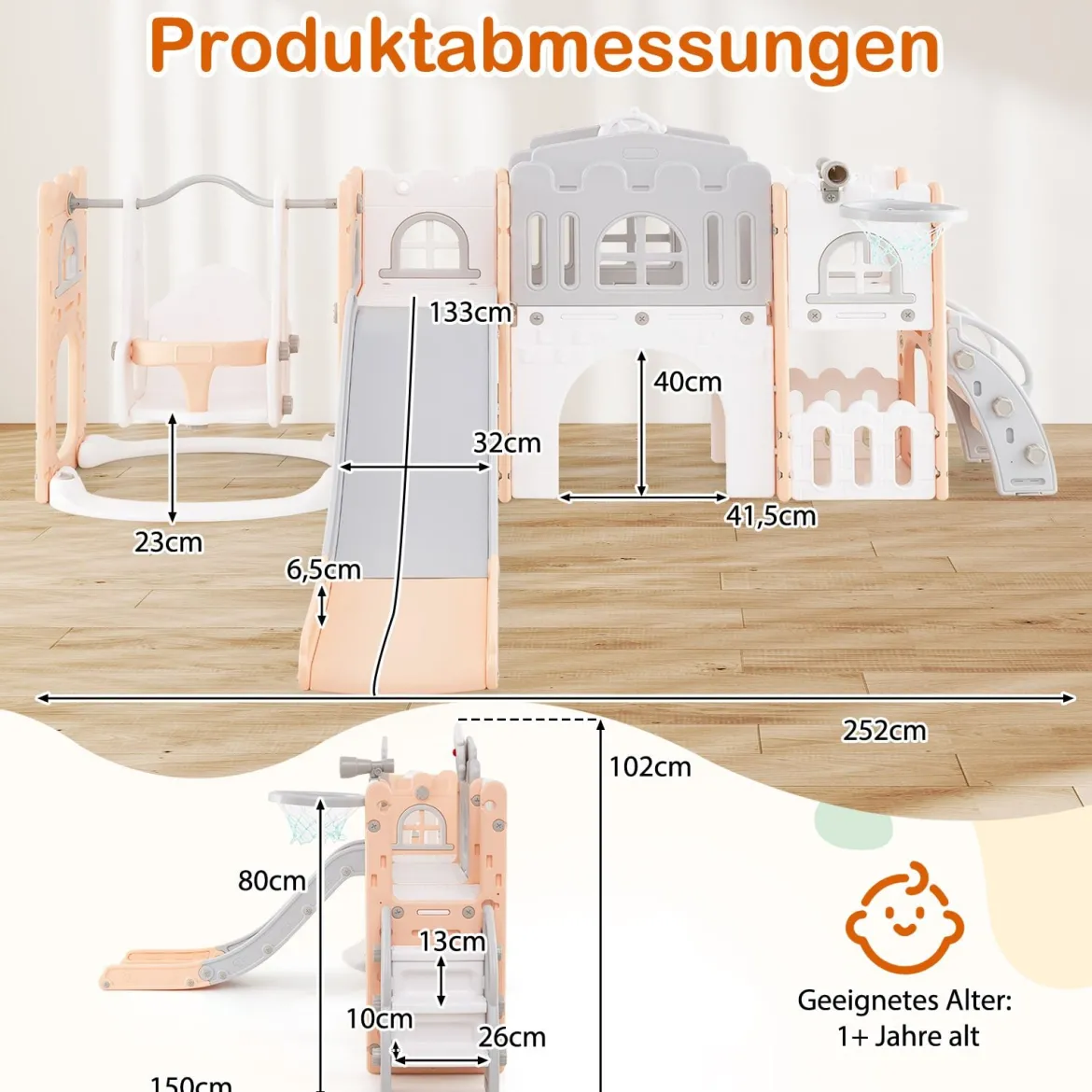 Kinder Rutsche mit Klettergerüst & Schaukel Rutschenset mit Schaukel Basketballkorb Teleskop Lenkrad Grau + Rosa