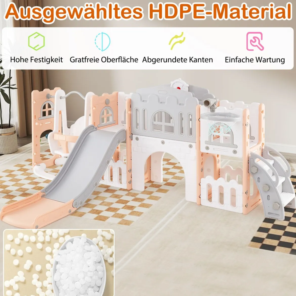 Kinder Rutsche mit Klettergerüst & Schaukel Rutschenset mit Schaukel Basketballkorb Teleskop Lenkrad Grau + Rosa