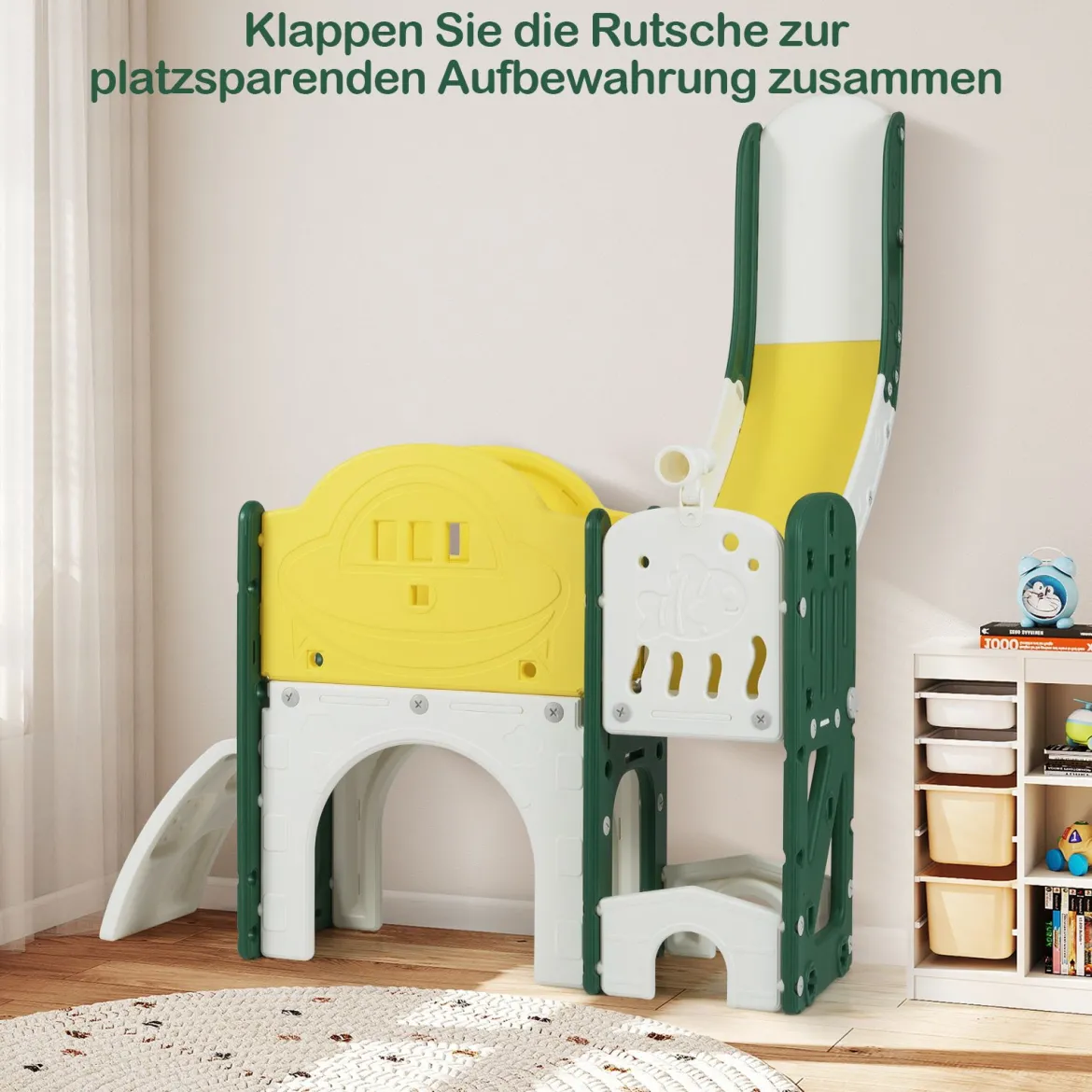 Kinder Rutsche mit Klettergerüst & Spieltunnel Rutsche Set mit Basketballkorb & Wurfspiel & Teleskop