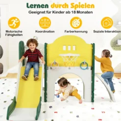 Kinder Rutsche mit Klettergerüst & Spieltunnel Rutsche Set mit Basketballkorb & Wurfspiel & Teleskop
