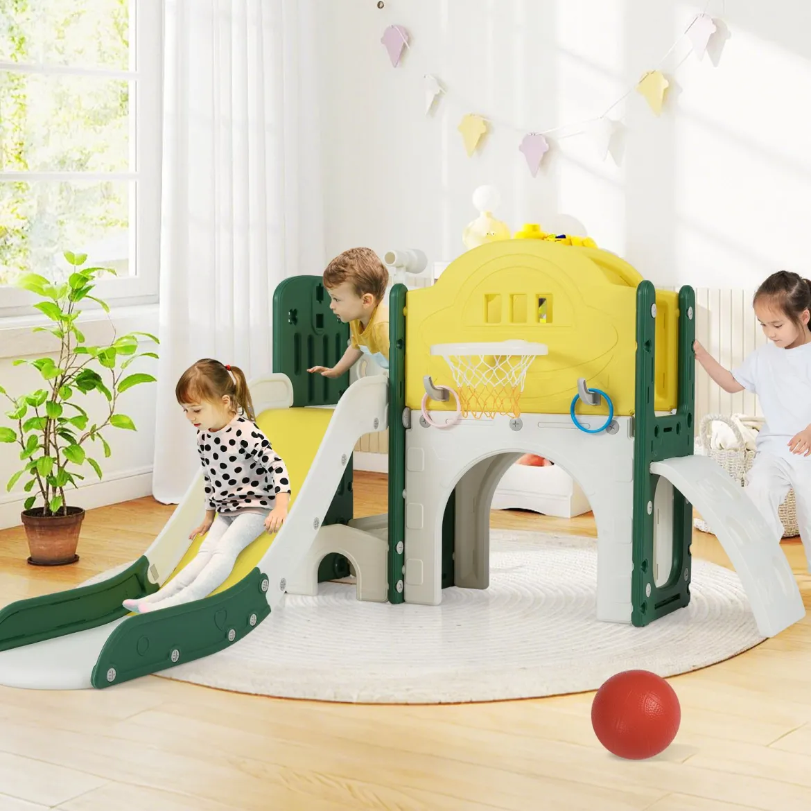 Kinder Rutsche mit Klettergerüst & Spieltunnel Rutsche Set mit Basketballkorb & Wurfspiel & Teleskop