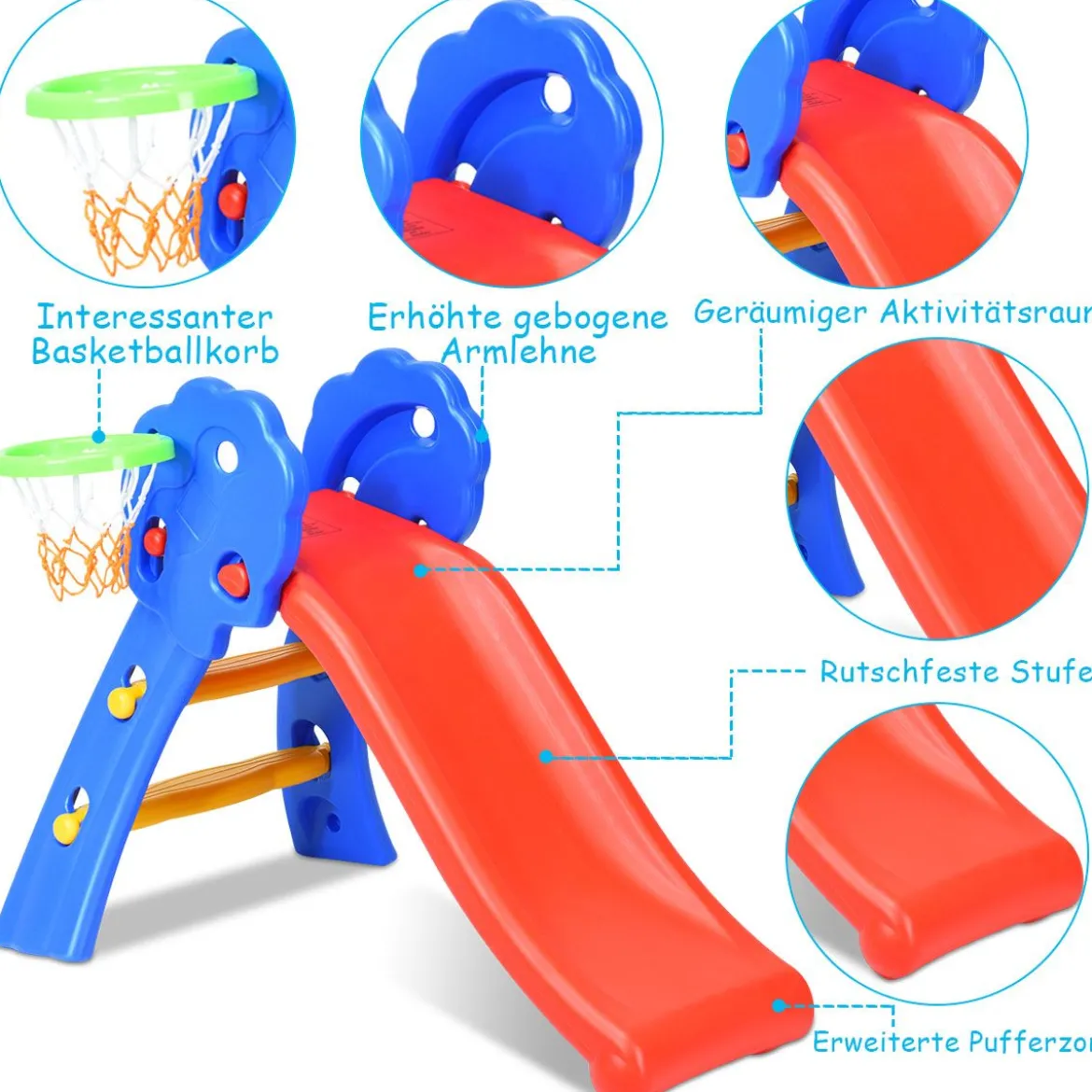 Kinderrutsche Rutschbahn Gartenrutsche für Indoor und Outdoor mit Basketballkorb 108 x 58 x 71,5 cm Bunt