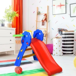 Kinderrutsche Rutschbahn Gartenrutsche für Indoor und Outdoor mit Basketballkorb 108 x 58 x 71,5 cm Bunt