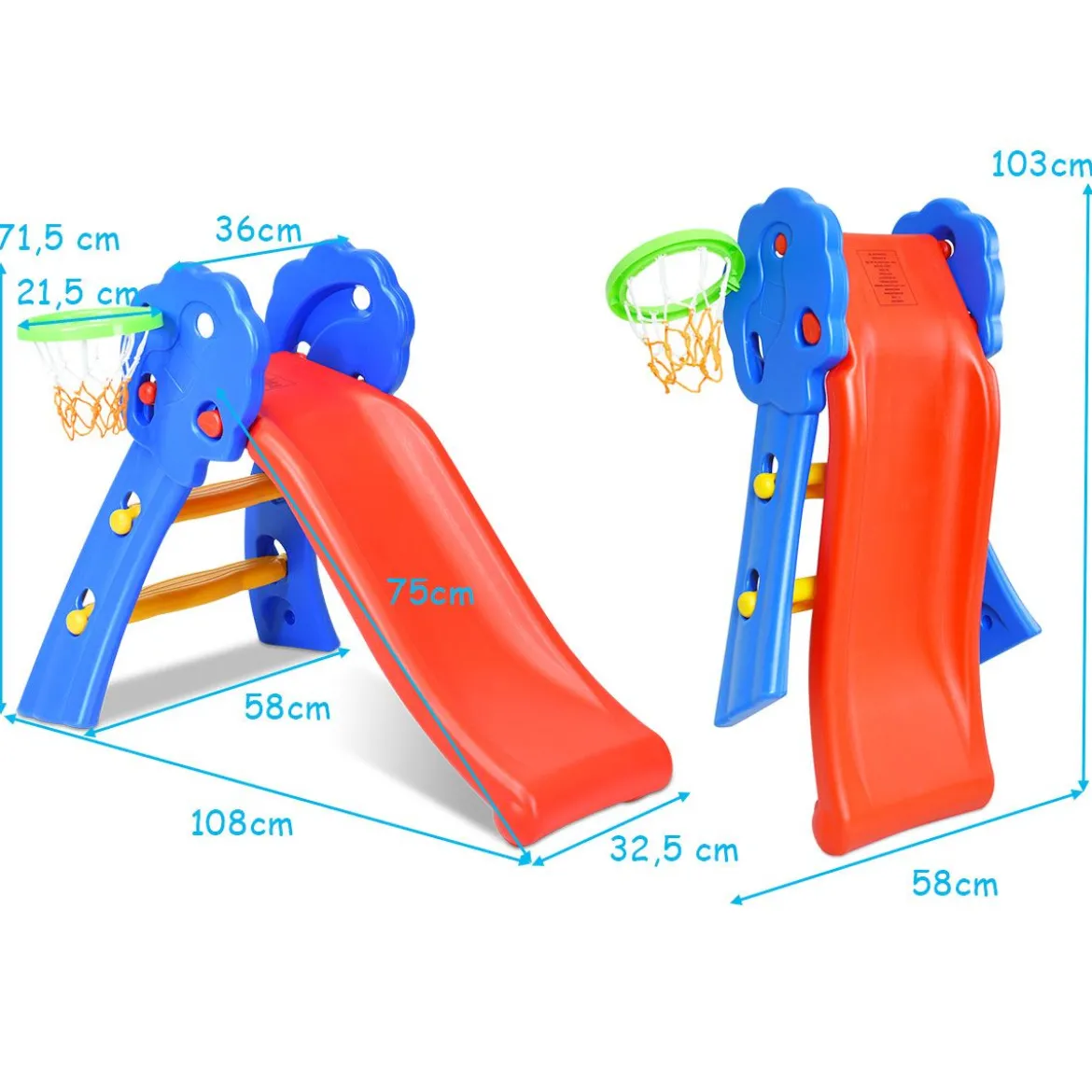 Kinderrutsche Rutschbahn Gartenrutsche für Indoor und Outdoor mit Basketballkorb 108 x 58 x 71,5 cm Bunt