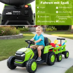 Kinder Rutsch-Traktor Elektrofahrzeug mit abnehmbaren Anhänger & Fernbedienung Rutschauto Grün