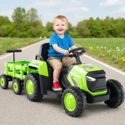 Kinder Rutsch-Traktor Elektrofahrzeug mit abnehmbaren Anhänger & Fernbedienung Rutschauto Grün