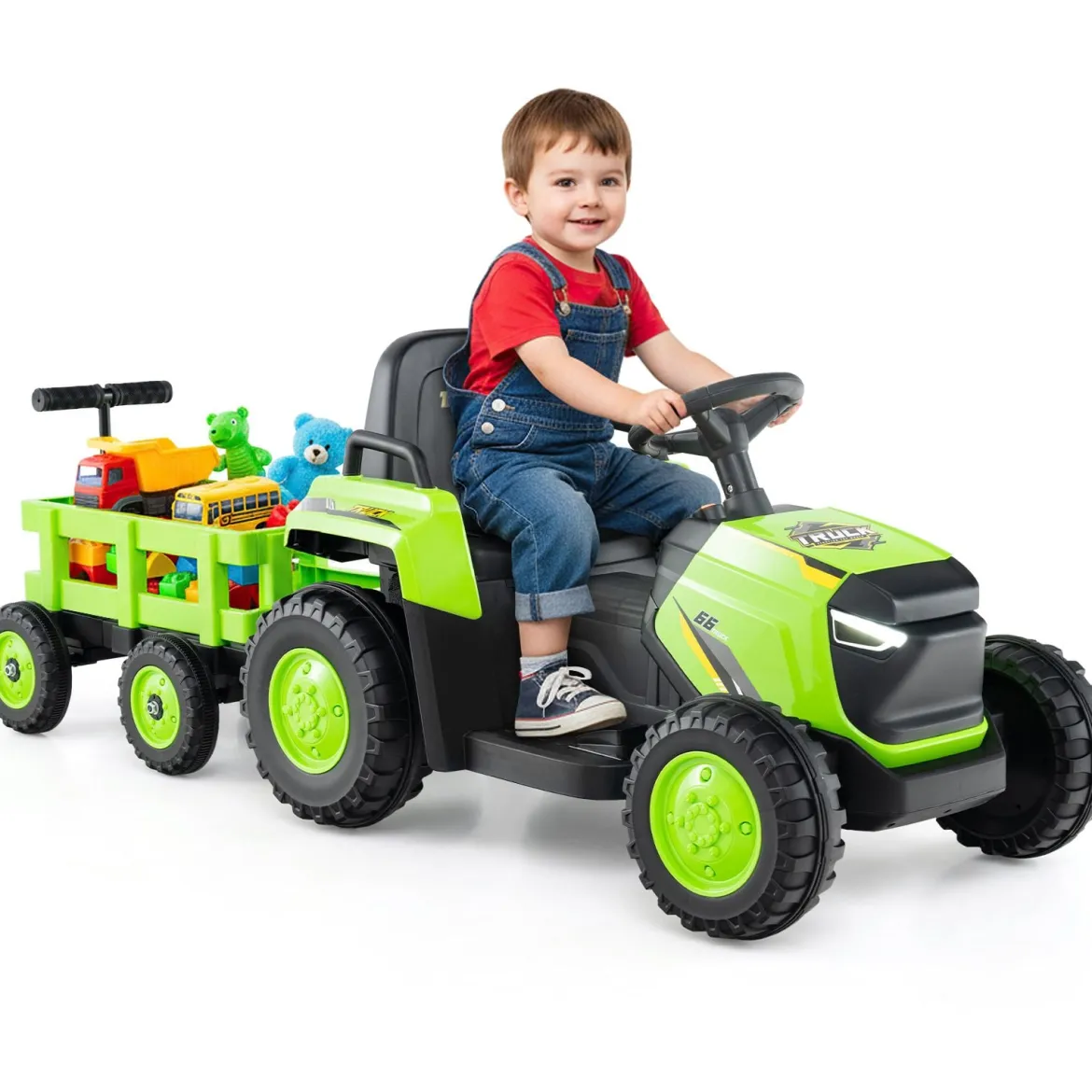 Kinder Rutsch-Traktor Elektrofahrzeug mit abnehmbaren Anhänger & Fernbedienung Rutschauto Grün