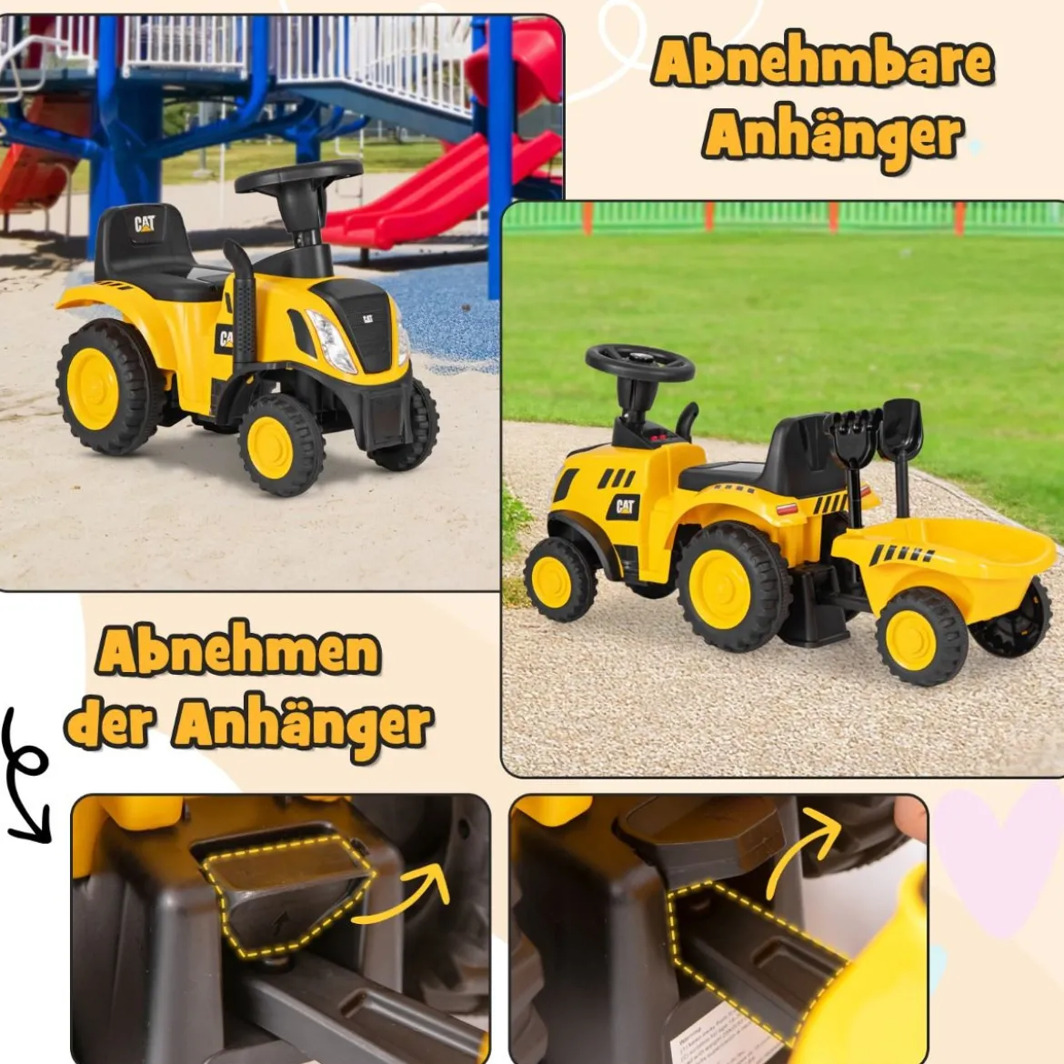 Kinder Rutschtraktor mit Abnehmbarem Anhänger & Schaufel Lauflernhilfe Lizenziertes Caterpillar-Fahrzeug
