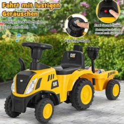 Kinder Rutschtraktor mit Abnehmbarem Anhänger & Schaufel Lauflernhilfe Lizenziertes Caterpillar-Fahrzeug