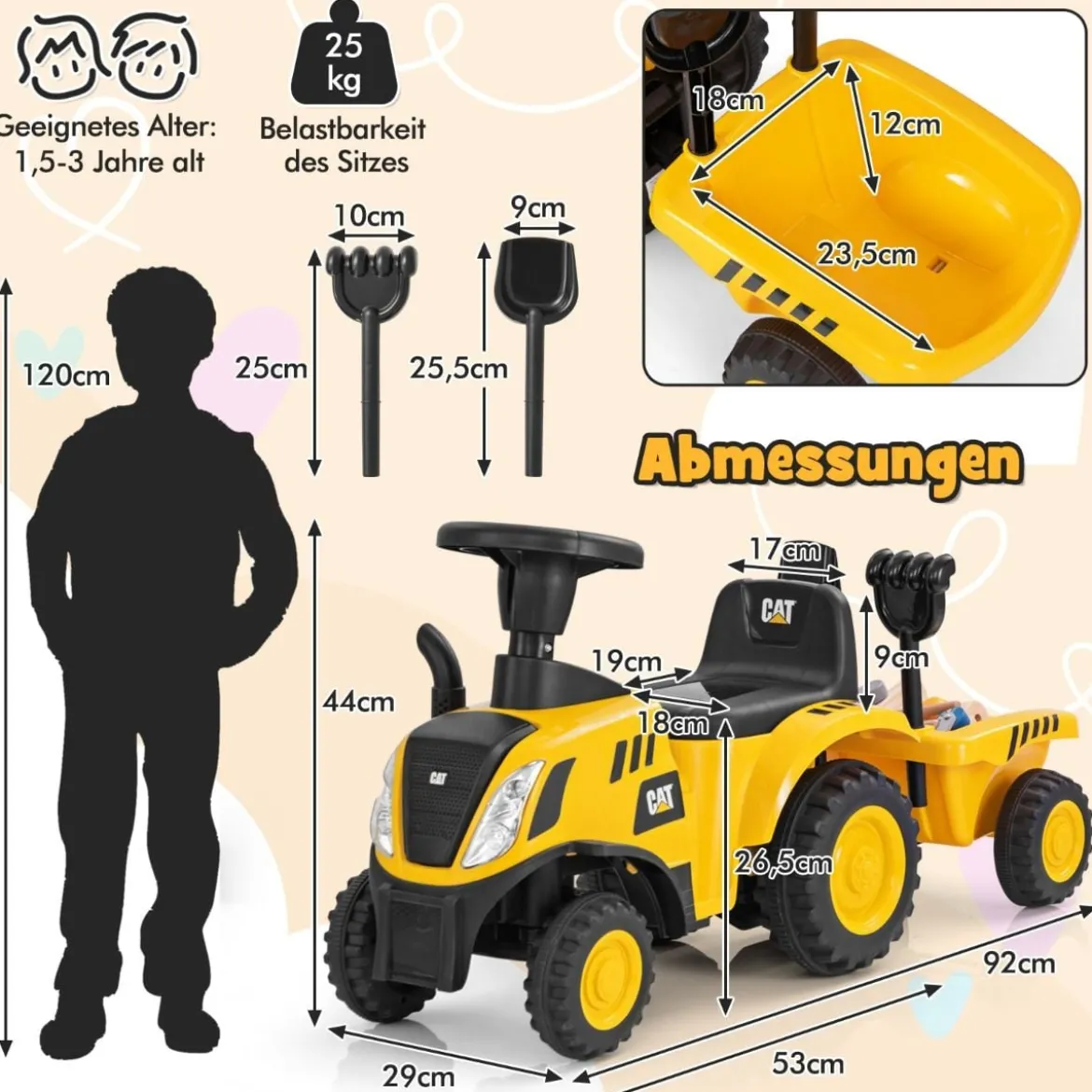 Kinder Rutschtraktor mit Abnehmbarem Anhänger & Schaufel Lauflernhilfe Lizenziertes Caterpillar-Fahrzeug