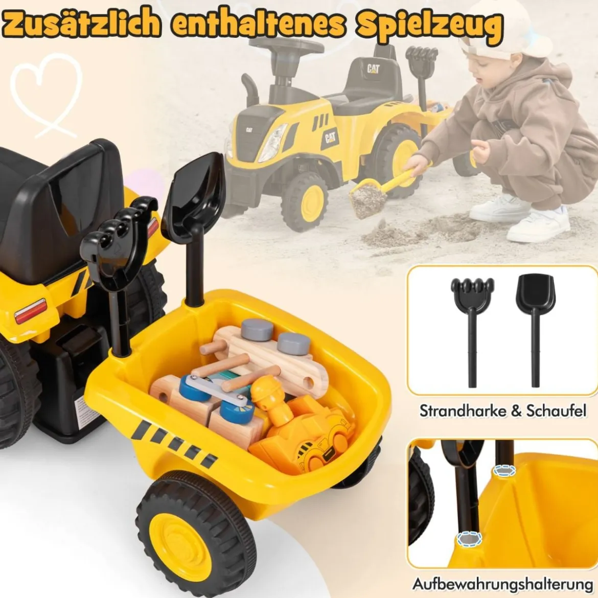 Kinder Rutschtraktor mit Abnehmbarem Anhänger & Schaufel Lauflernhilfe Lizenziertes Caterpillar-Fahrzeug