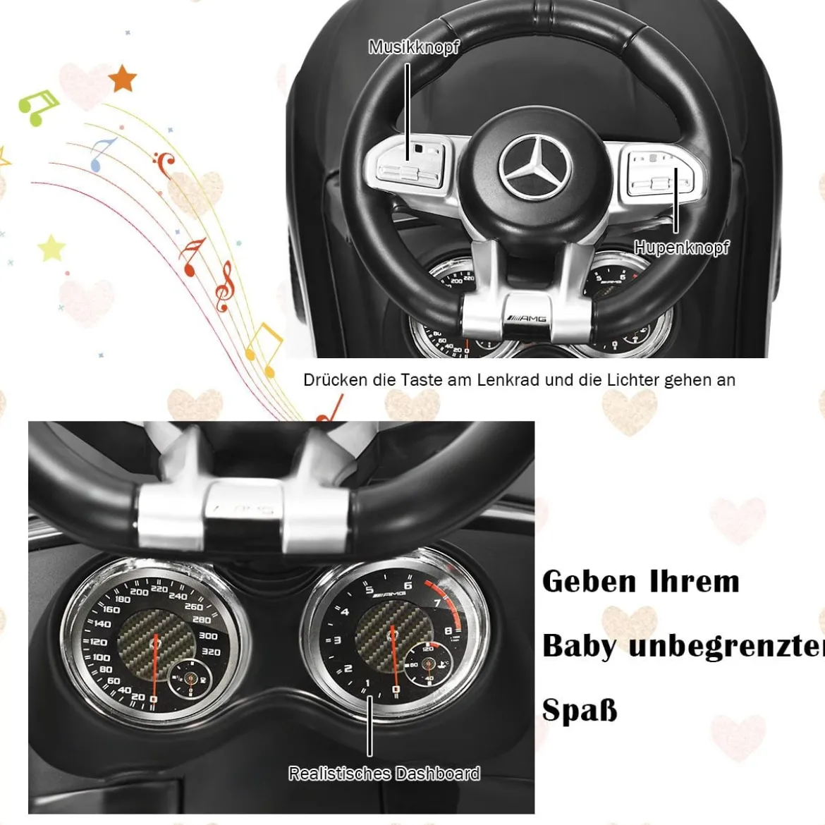 Kinder Rutsch- und Schiebe- Auto Lizenziertes Mercedes Benz Aufsitzauto 68 x 31,5 x 42,5 cm Schwarz
