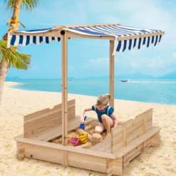 Kinder-Sandkasten Überdachter Sandkasten aus Holz mit 2 Umwandelbaren Sitzbänken