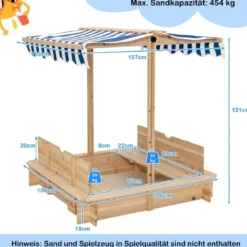 Kinder-Sandkasten Überdachter Sandkasten aus Holz mit 2 Umwandelbaren Sitzbänken