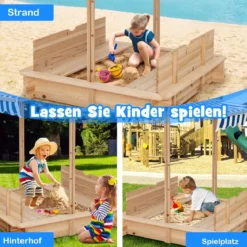 Kinder-Sandkasten Überdachter Sandkasten aus Holz mit 2 Umwandelbaren Sitzbänken