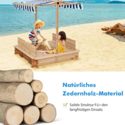 Kinder-Sandkasten Überdachter Sandkasten aus Holz mit 2 Umwandelbaren Sitzbänken