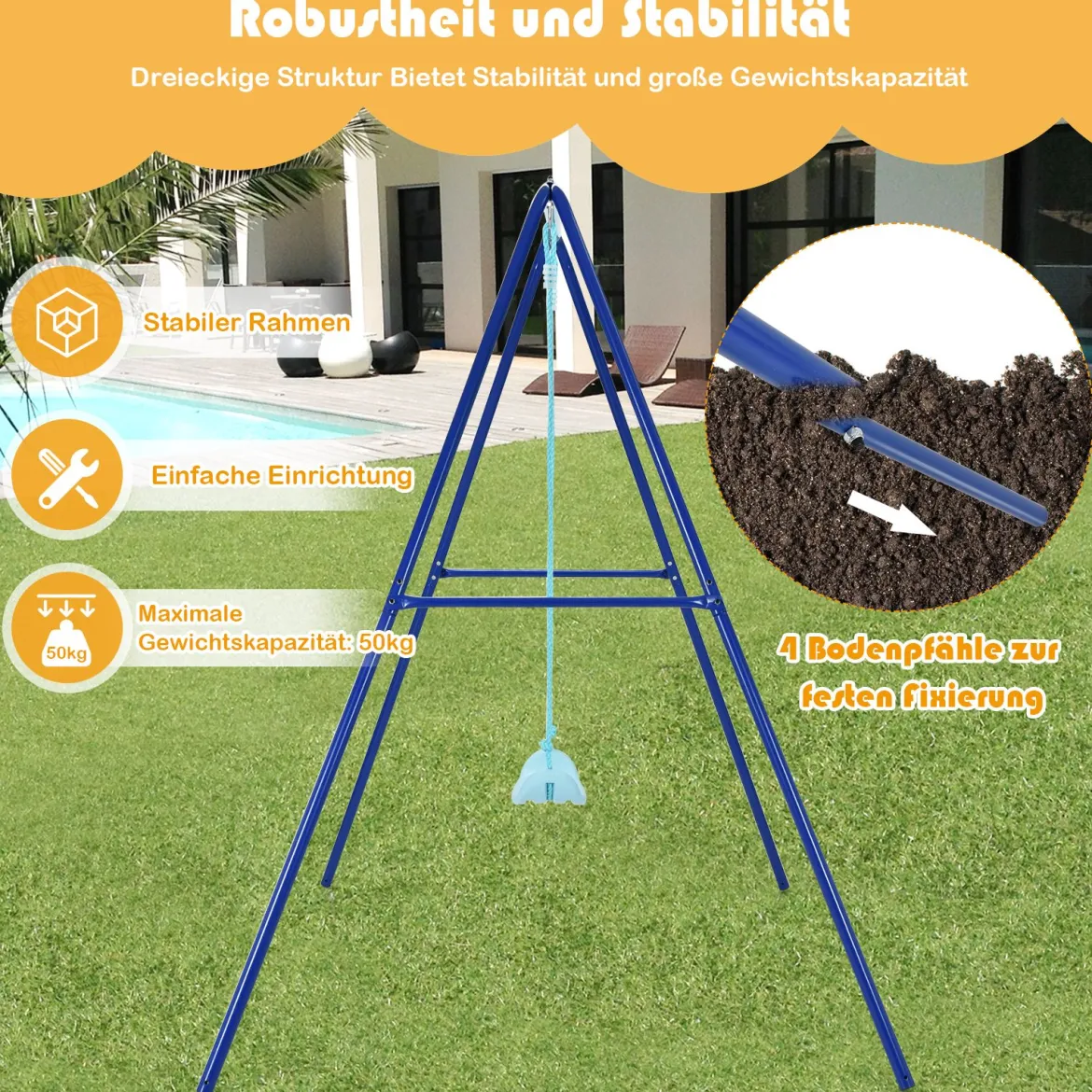 Kinderschaukel mit Gestell Outdoor-Kinderschaukel Robuste Schaukel mit stabilem A-förmigen Rahmen Blau