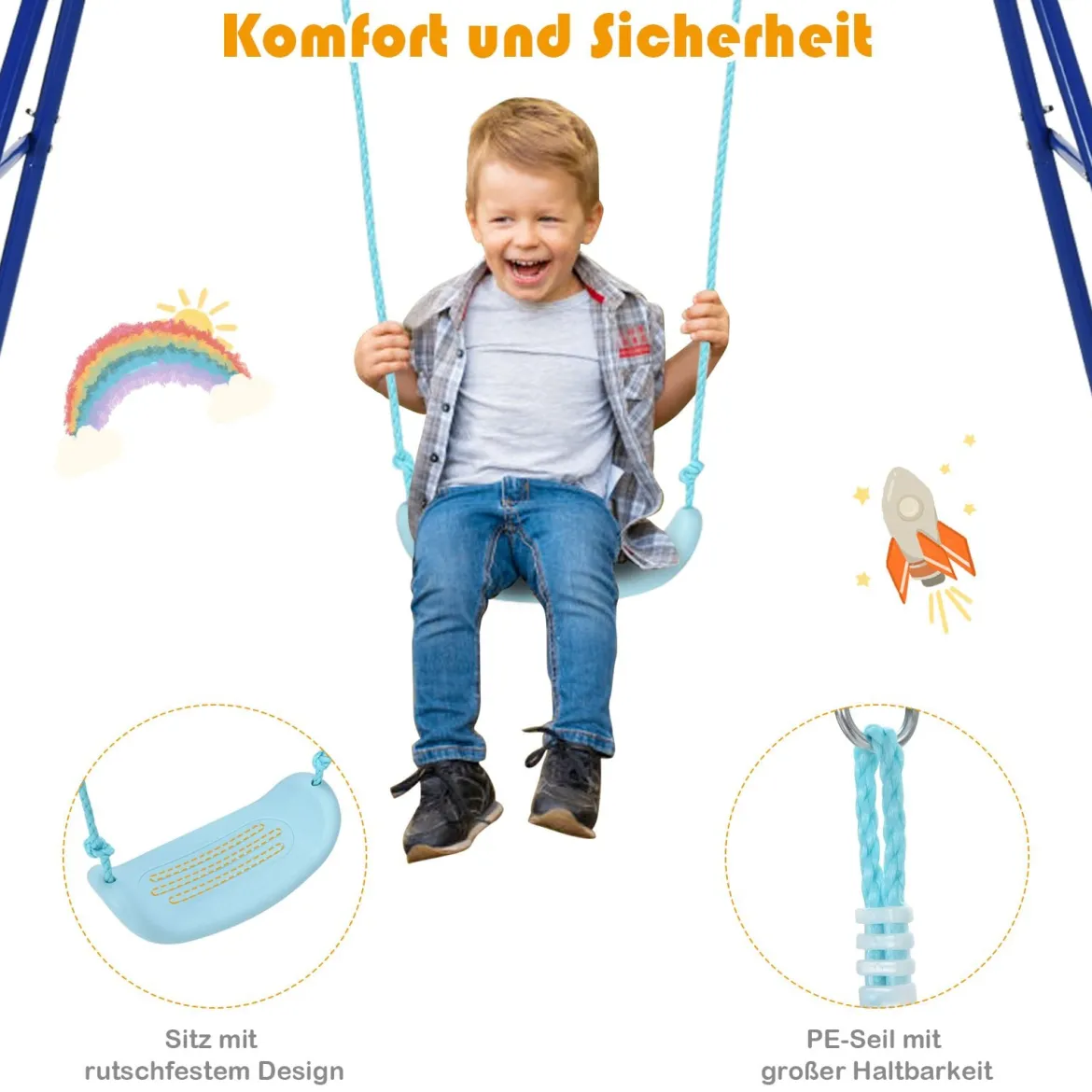 Kinderschaukel mit Gestell Outdoor-Kinderschaukel Robuste Schaukel mit stabilem A-förmigen Rahmen Blau
