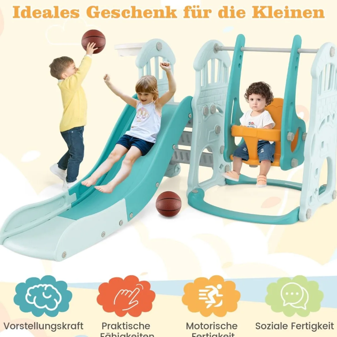 Kinderschaukel mit höhenverstellbarer Babyrutsche 4 in 1 Schaukel & Rutsche & Basketballkorb & Leiter Grün