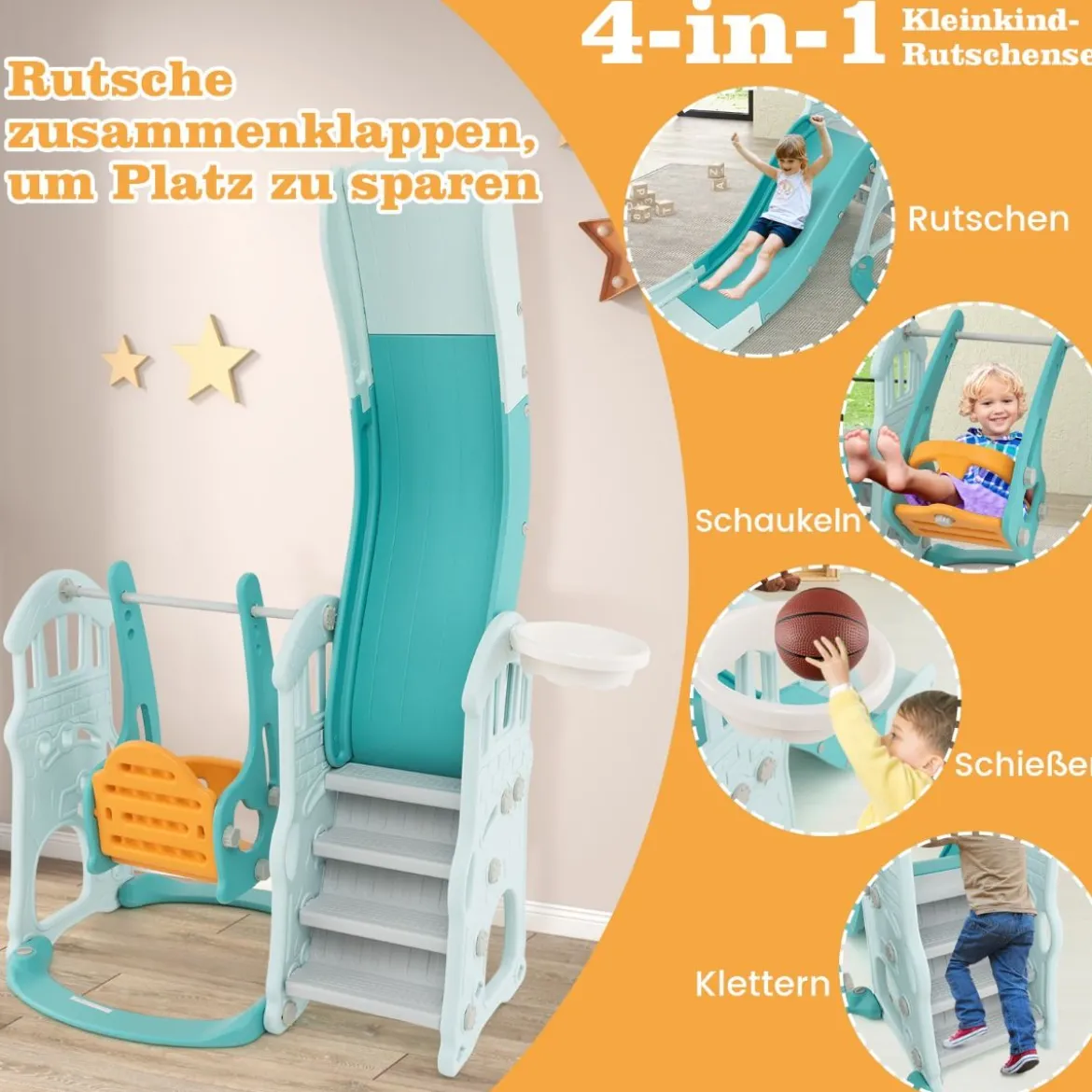 Kinderschaukel mit höhenverstellbarer Babyrutsche 4 in 1 Schaukel & Rutsche & Basketballkorb & Leiter Grün