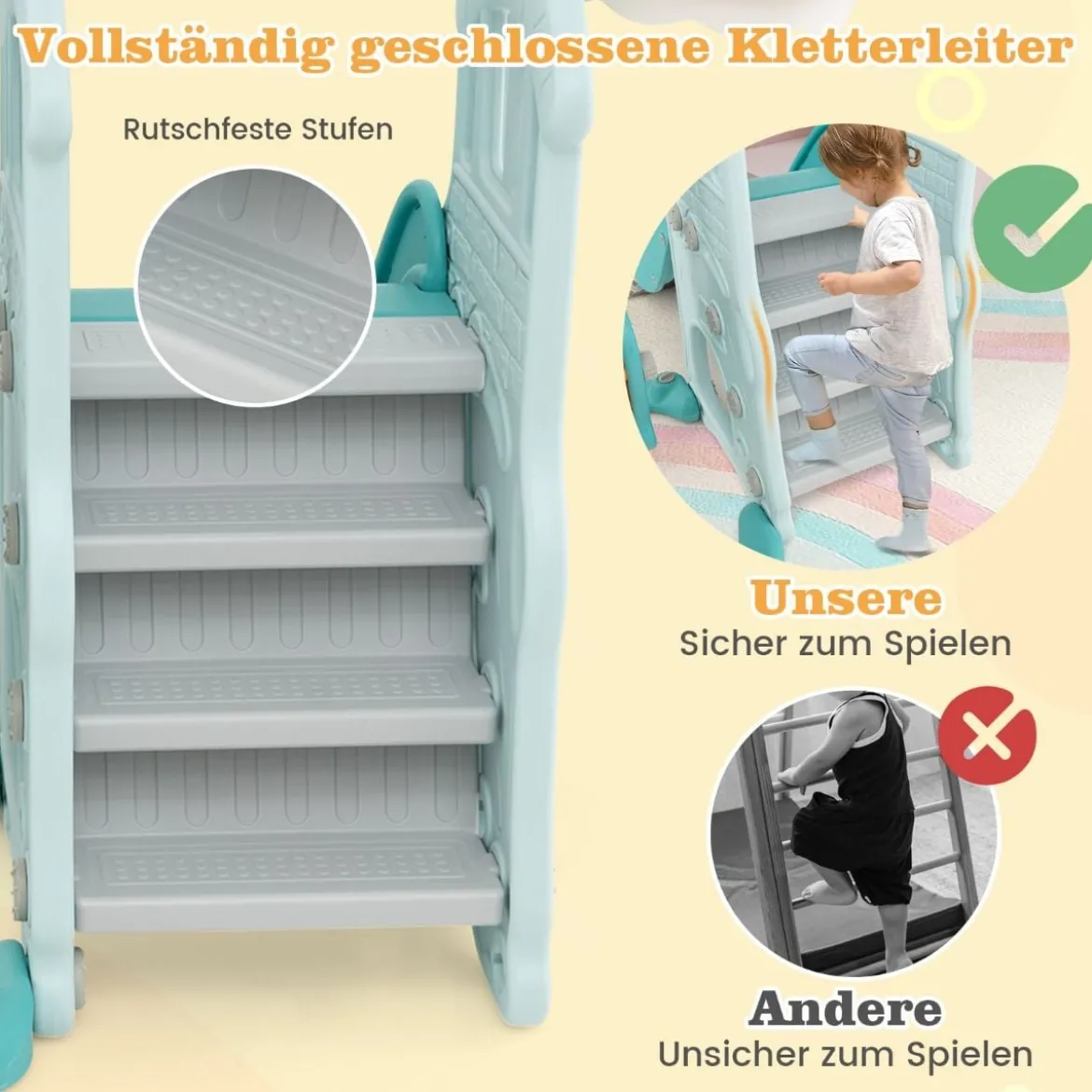 Kinderschaukel mit höhenverstellbarer Babyrutsche 4 in 1 Schaukel & Rutsche & Basketballkorb & Leiter Grün