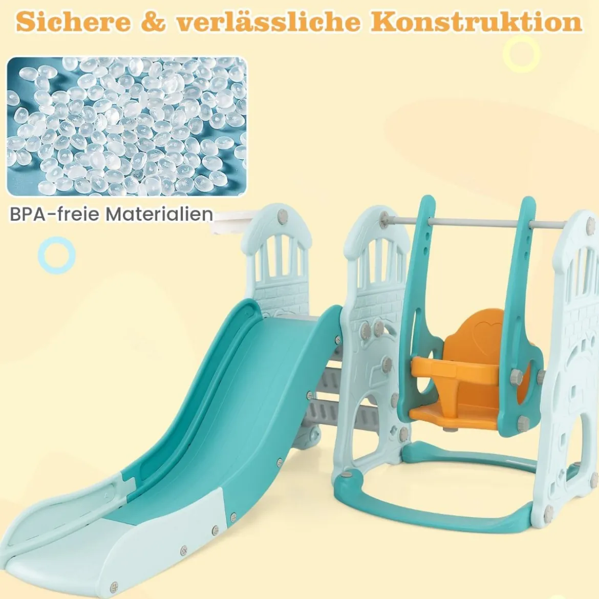 Kinderschaukel mit höhenverstellbarer Babyrutsche 4 in 1 Schaukel & Rutsche & Basketballkorb & Leiter Grün