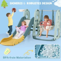 Kinderschaukel mit Rutsche höhenverstellbarer Sitz 4 in 1 Schaukel & Rutsche & Basketballkorb & Leiter für Kinder ab 18 Monaten