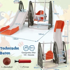 Kinderschaukel mit Rutsche klappbar 4 in 1 Schaukel & Rutsche & Basketballkorb & Leiter Orange