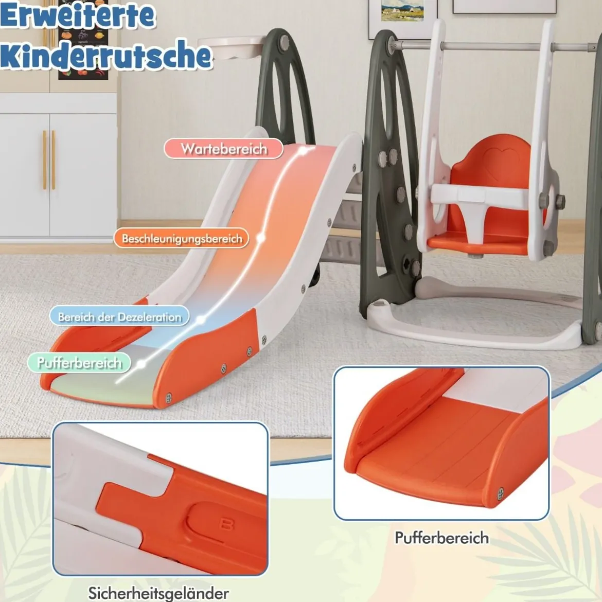 Kinderschaukel mit Rutsche klappbar 4 in 1 Schaukel & Rutsche & Basketballkorb & Leiter Orange