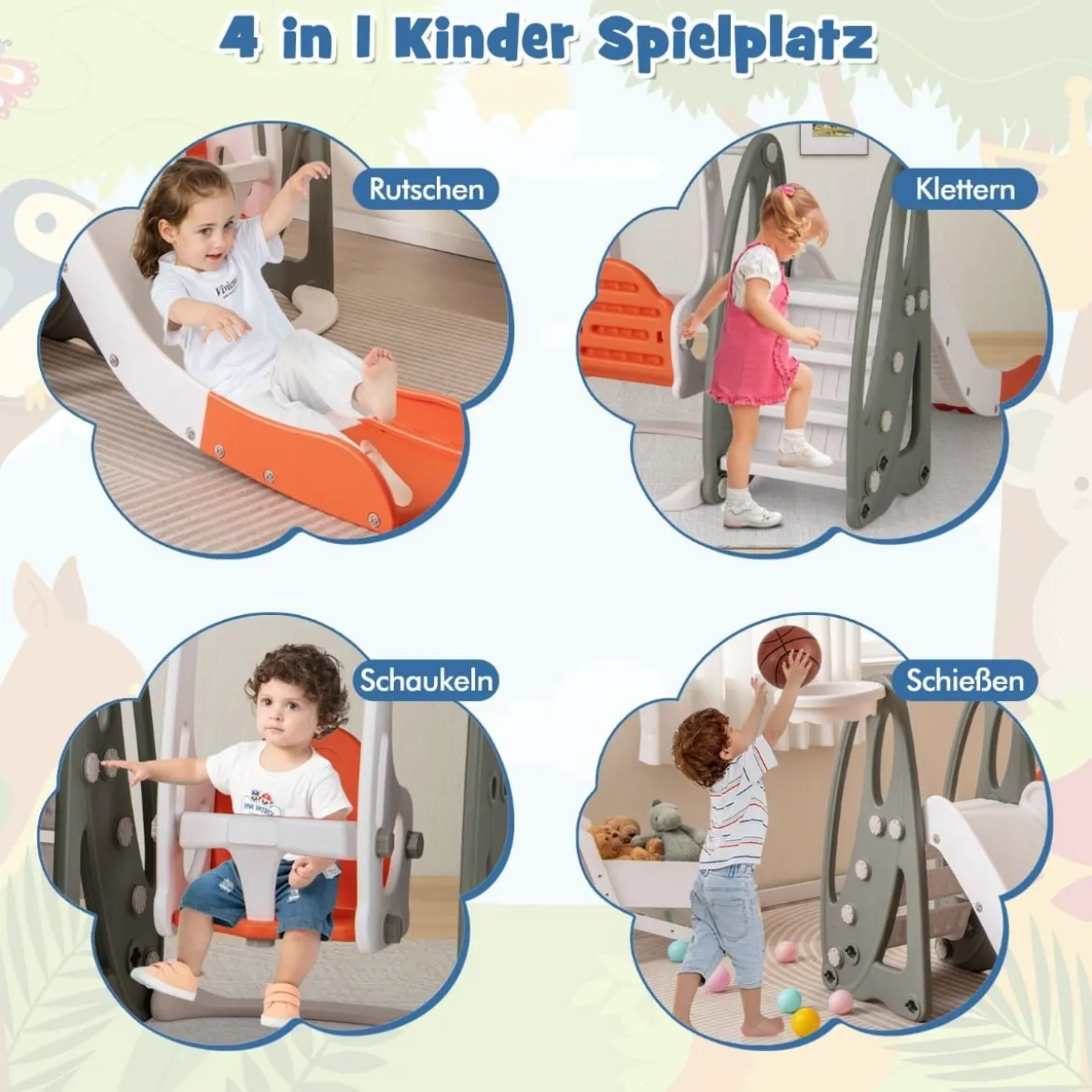 Kinderschaukel mit Rutsche klappbar 4 in 1 Schaukel & Rutsche & Basketballkorb & Leiter Orange