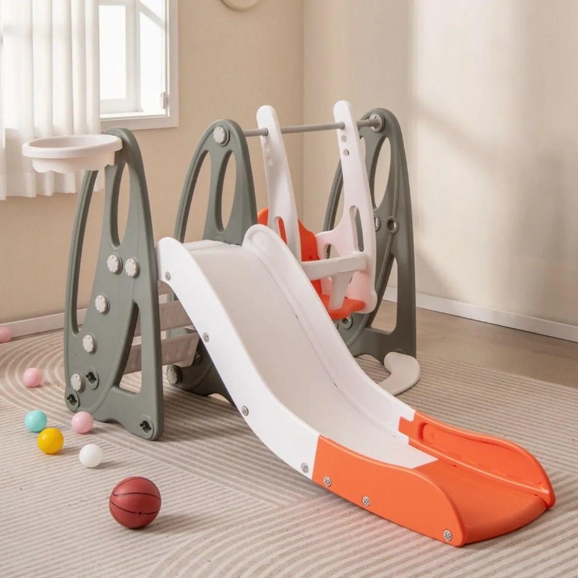Kinderschaukel mit Rutsche klappbar 4 in 1 Schaukel & Rutsche & Basketballkorb & Leiter Orange