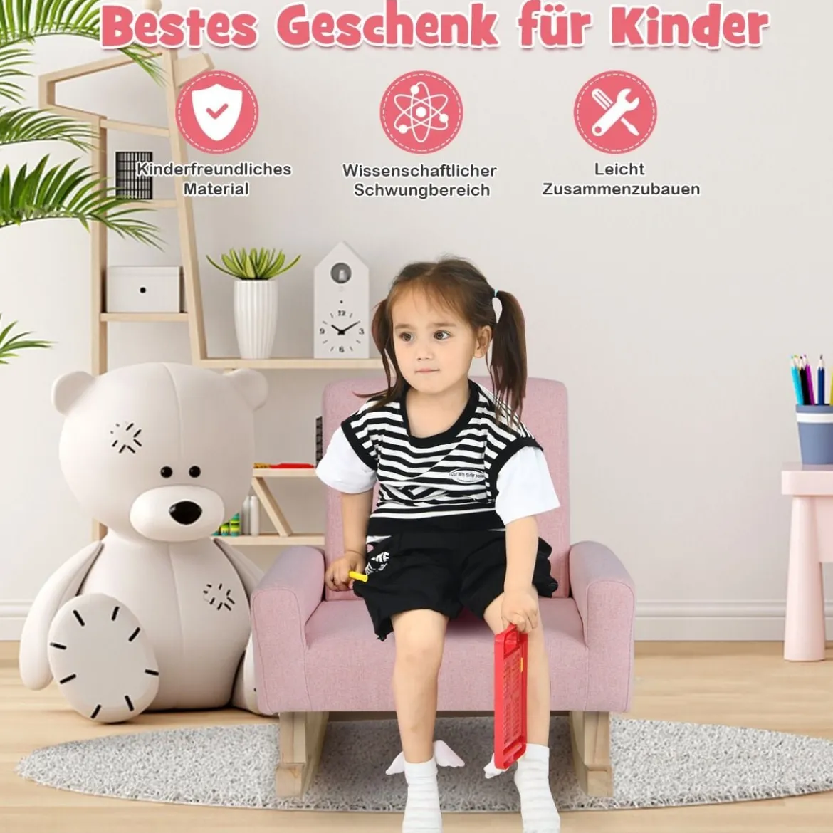 Kinderschaukelstuhl Gepolsterter Kindersessel aus Pappelholz für Kinderzimmer Rosa