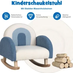 Kinderschaukelstuhl Teddy-Plüsch-Sessel mit Schaukelbeinen aus Pappelholz Blau