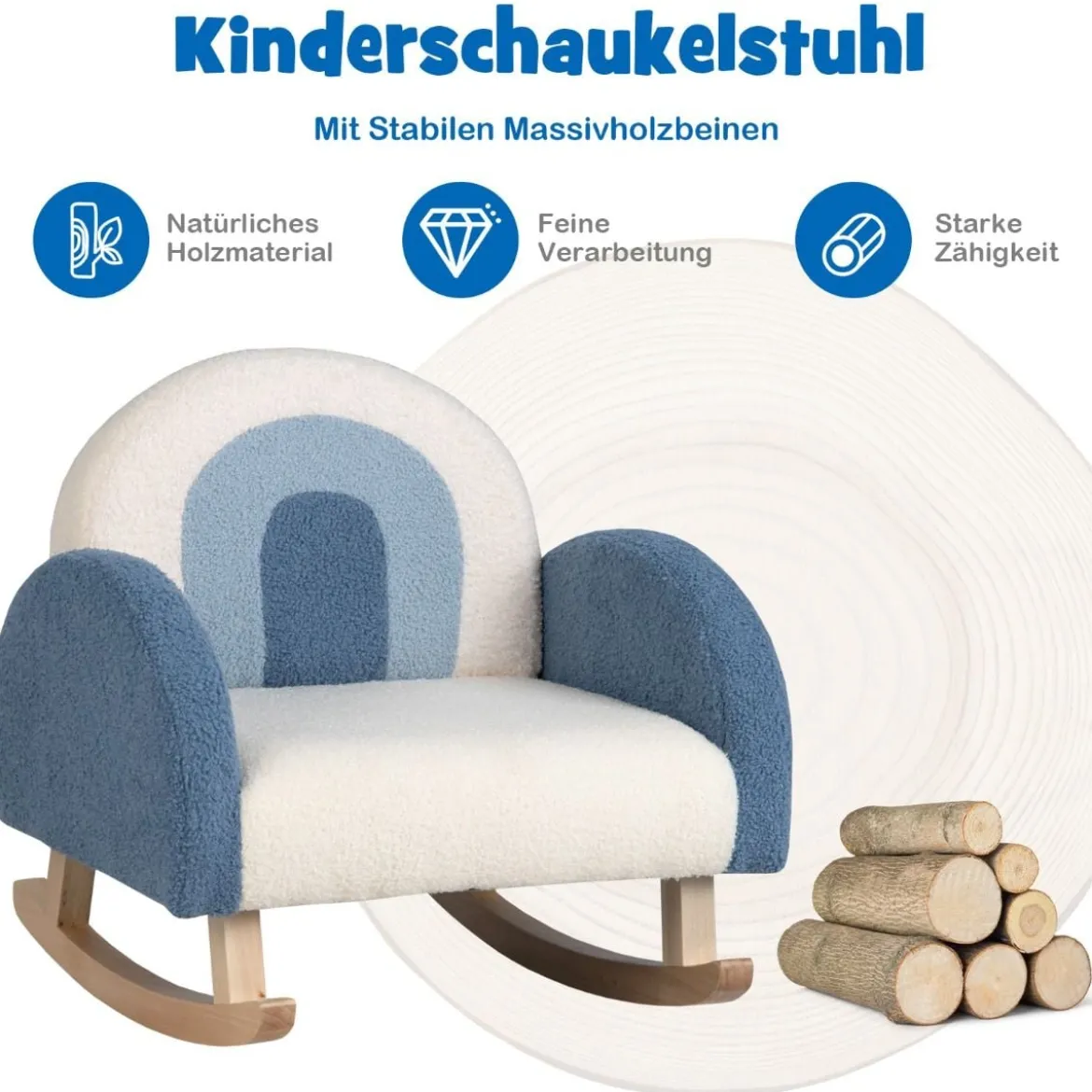 Kinderschaukelstuhl Teddy-Plüsch-Sessel mit Schaukelbeinen aus Pappelholz Blau