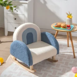 Kinderschaukelstuhl Teddy-Plüsch-Sessel mit Schaukelbeinen aus Pappelholz Blau