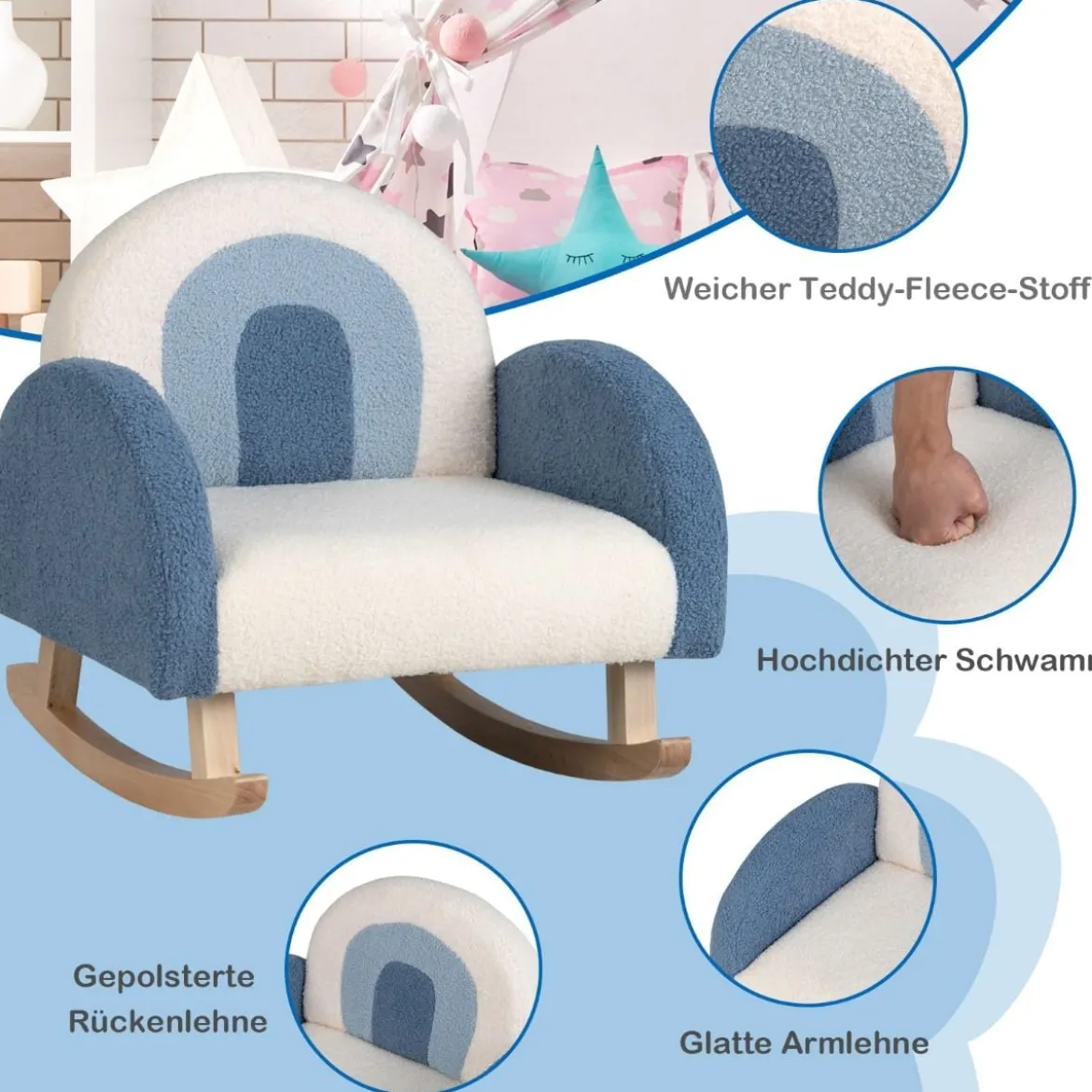 Kinderschaukelstuhl Teddy-Plüsch-Sessel mit Schaukelbeinen aus Pappelholz Blau