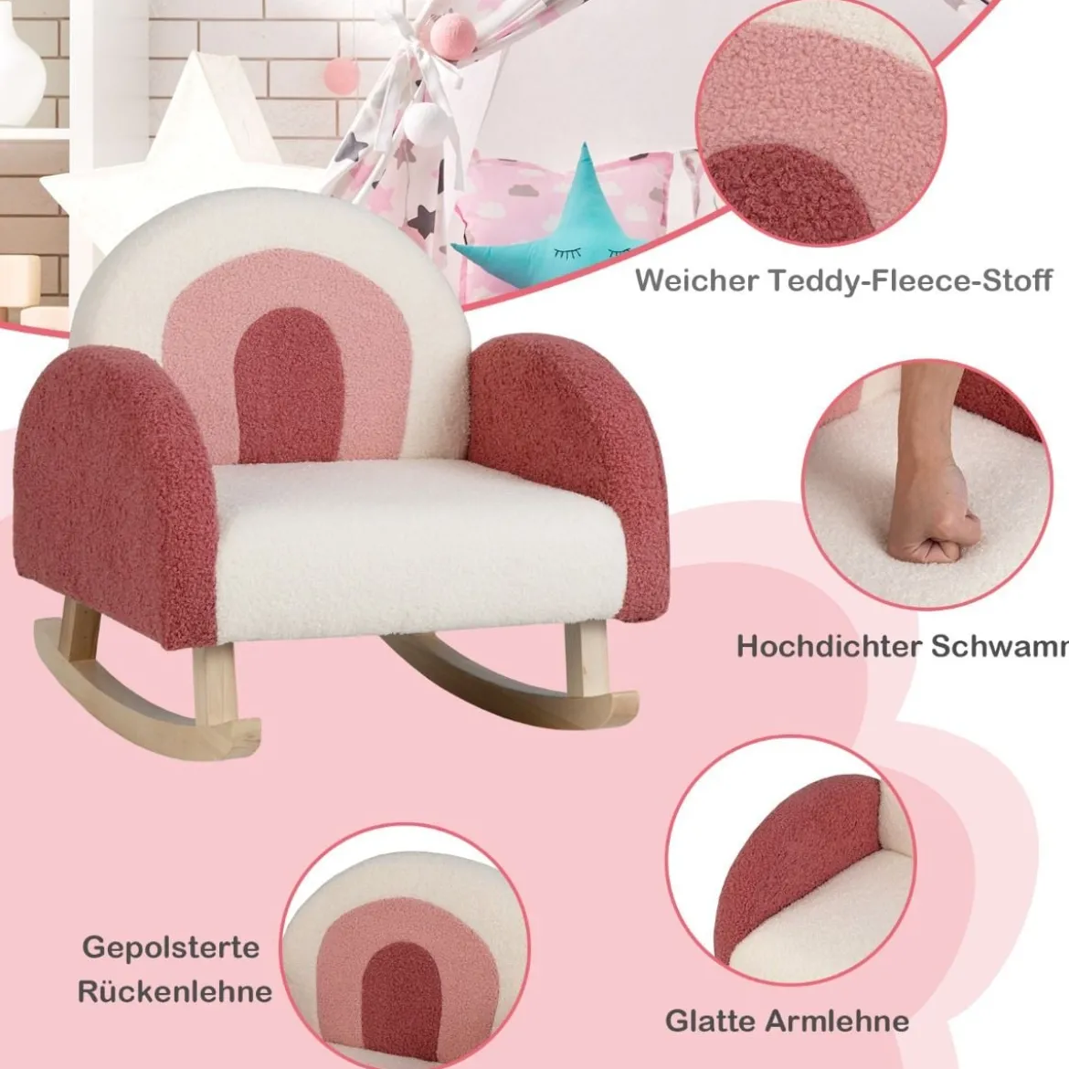 Kinderschaukelstuhl Teddy-Plüsch-Sessel mit Schaukelbeinen aus Pappelholz Rot