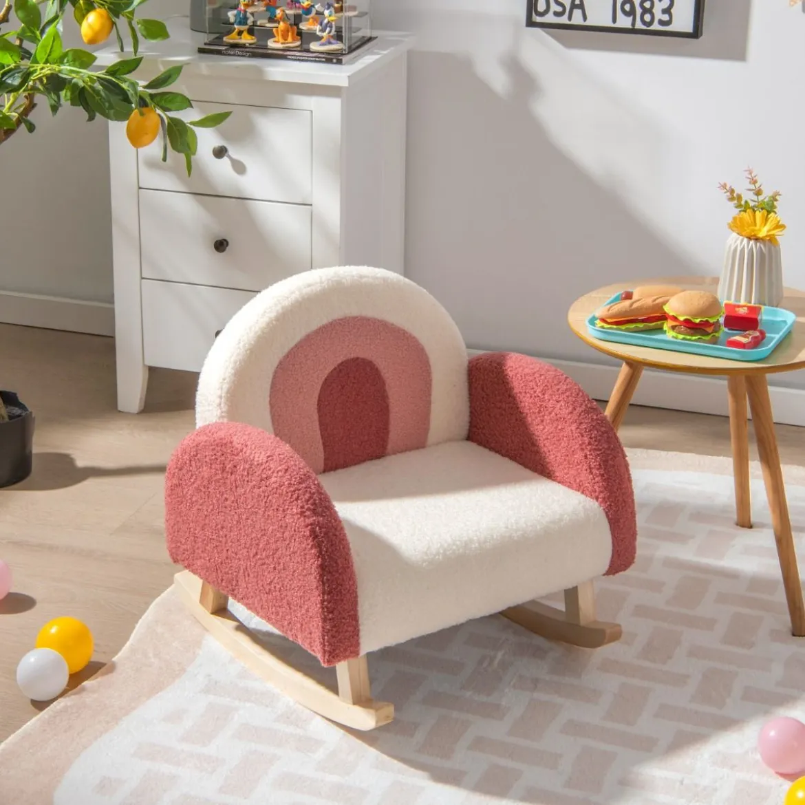 Kinderschaukelstuhl Teddy-Plüsch-Sessel mit Schaukelbeinen aus Pappelholz Rot
