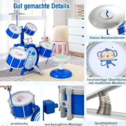 Kinder Schlagzeug Set mit Hocker & Notenständer & Fußpedal Trommel Set Schlaginstrument Blau