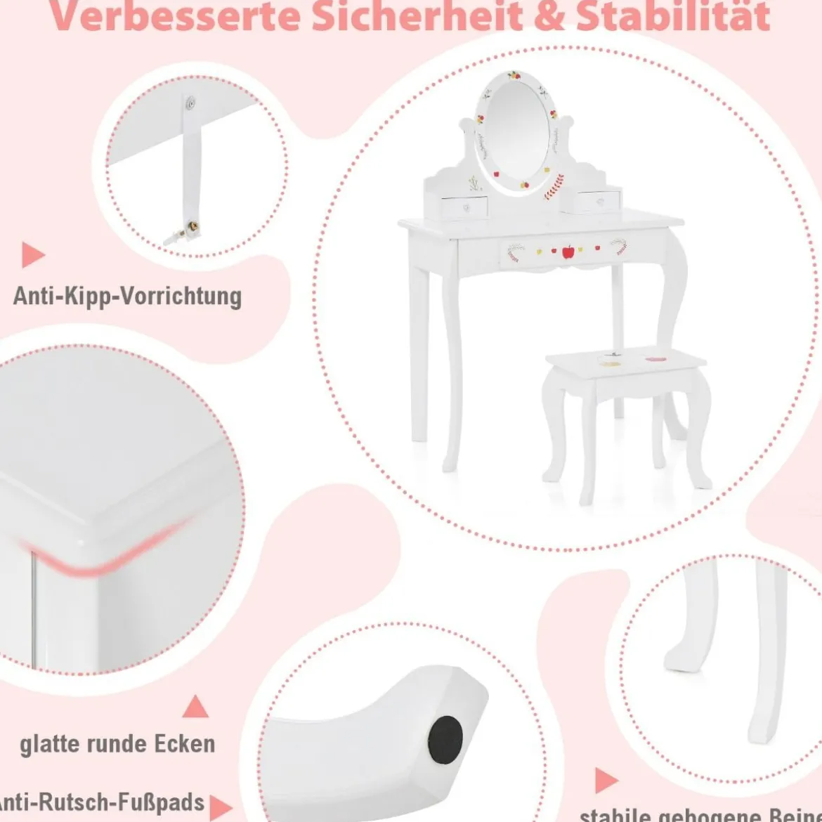 Kinder Schminktisch & Hocker Set Schminktisch mit 360° drehbarem Spiegel Weiß