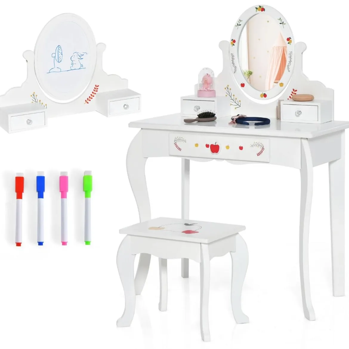 Kinder Schminktisch & Hocker Set Schminktisch mit 360° drehbarem Spiegel Weiß
