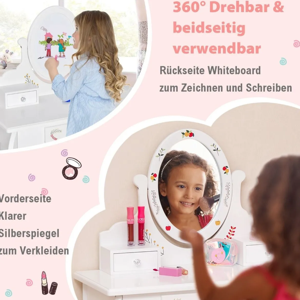 Kinder Schminktisch & Hocker Set Schminktisch mit 360° drehbarem Spiegel Weiß
