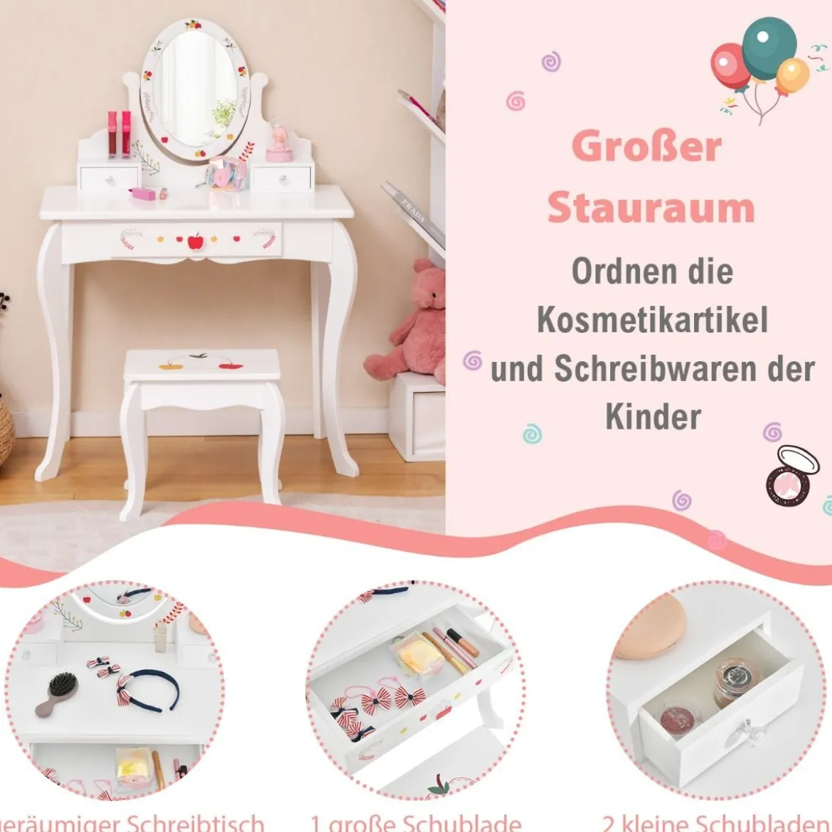 Kinder Schminktisch & Hocker Set Schminktisch mit 360° drehbarem Spiegel Weiß