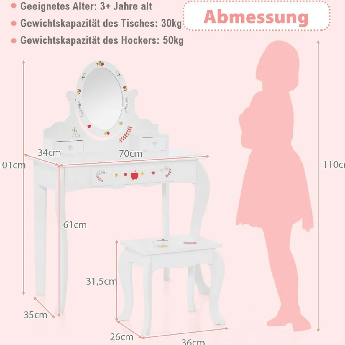 Kinder Schminktisch & Hocker Set Schminktisch mit 360° drehbarem Spiegel Weiß